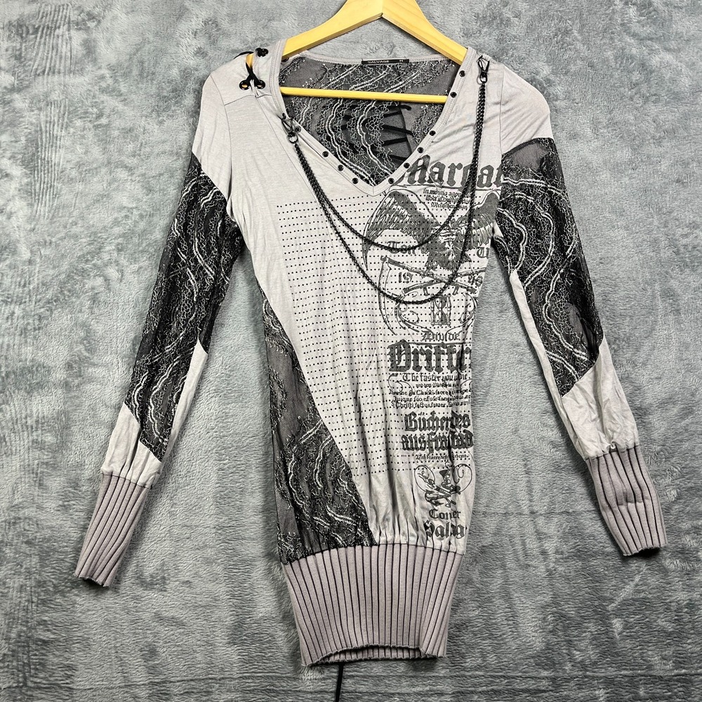 Salvage Tunic Top Womens Med Gray Y2K Graphic Chain Lace Back Long Sleeve